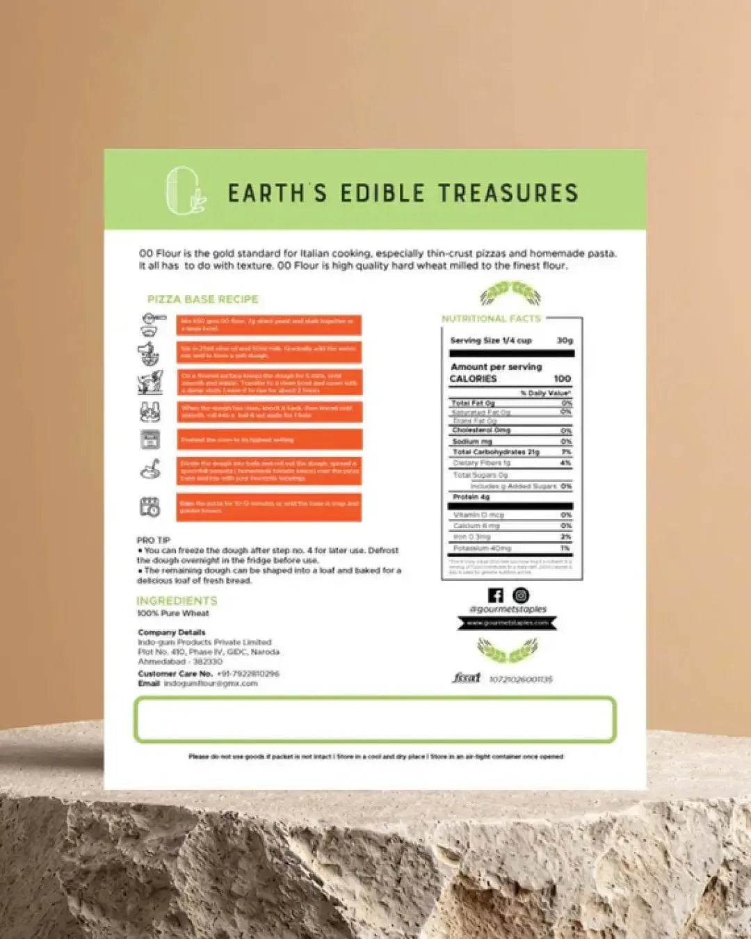 00 flour nutrition label and pizza recipe card on a stone surface, high-protein wheat flour
