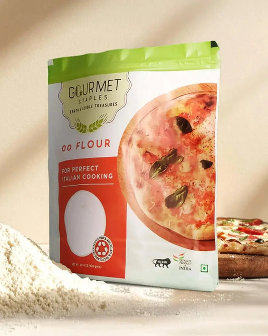 00 flour packet for Italian cooking, pizza image on pack, loose flour and pizza in background