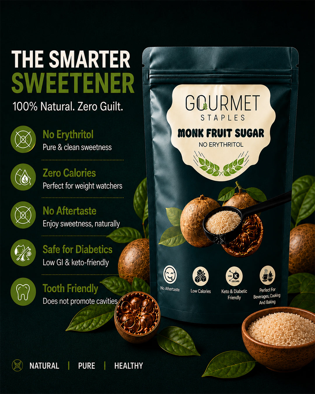 Monk Fruit Sugar — Pure & Natural, No Erythritol | Gourmet Staples