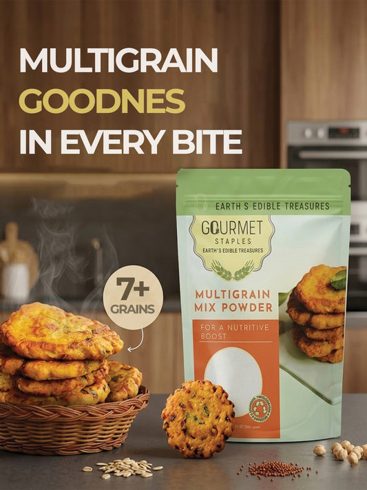 Gourmet Staples multigrain mix powder packaging front view for healthy and nutritious food preparation