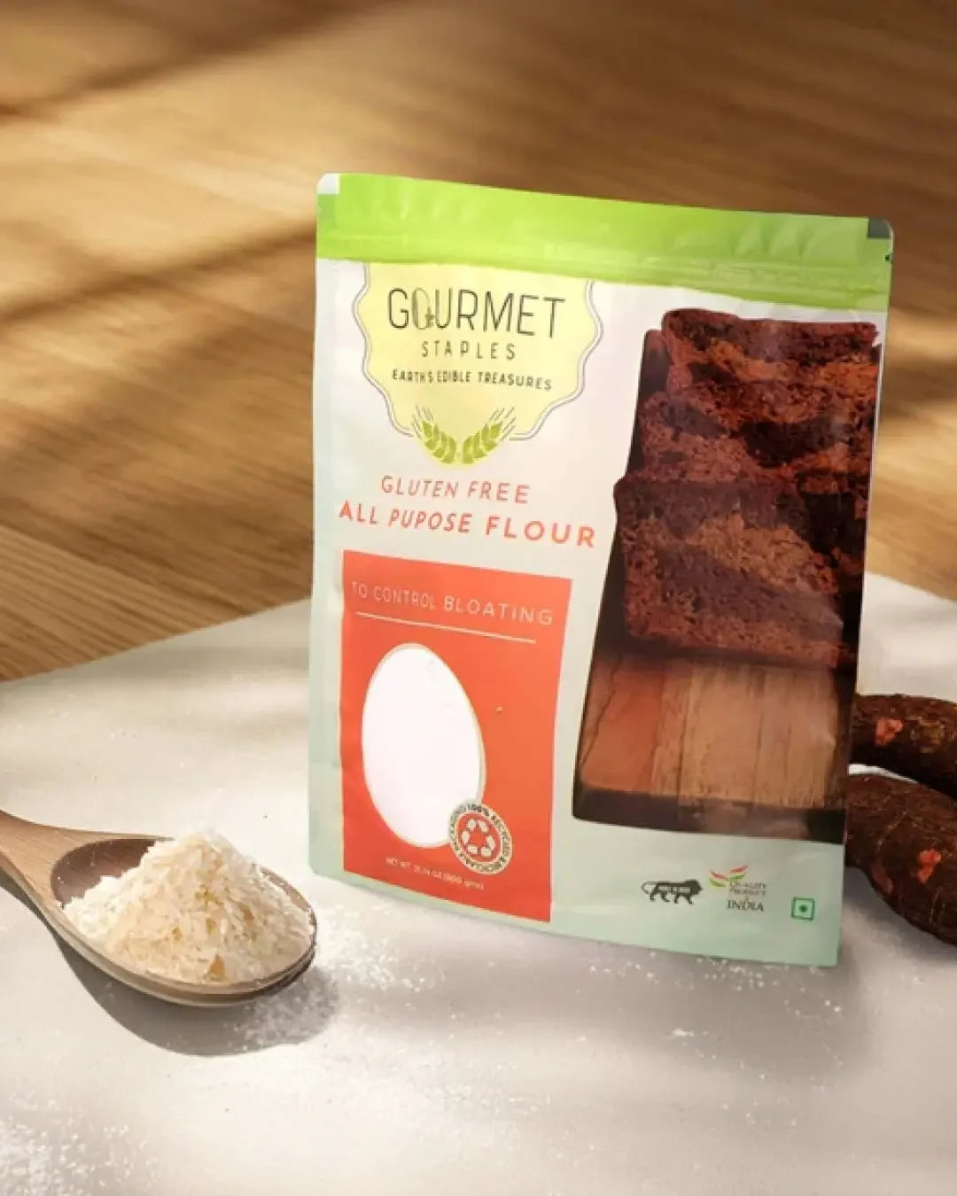 Gluten free all purpose flour packet with wooden spoon of flour, healthy food product