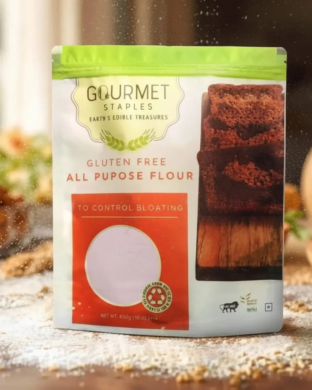 Gluten-free all purpose flour pouch on a kitchen counter with scattered flour and bread slices