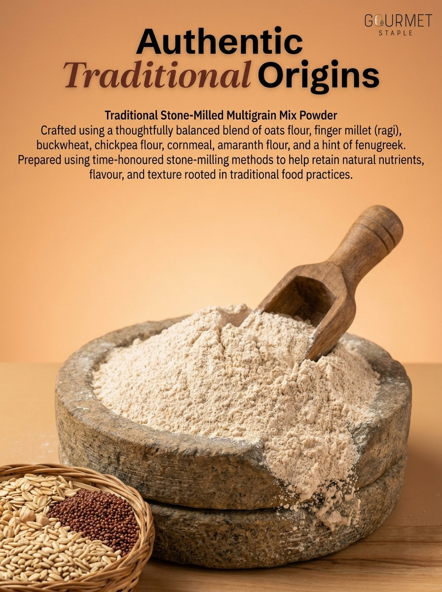 Stone milled multigrain mix powder made from traditional grains like ragi oats and chickpea for natural nutrition